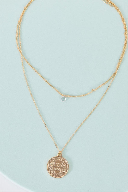 "Dos Pesos" Gold Double Chain  Coin Pendant Tiny Crystal Necklace