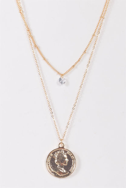 "Dos Pesos" Gold Double Chain  Coin Pendant Tiny Crystal Necklace