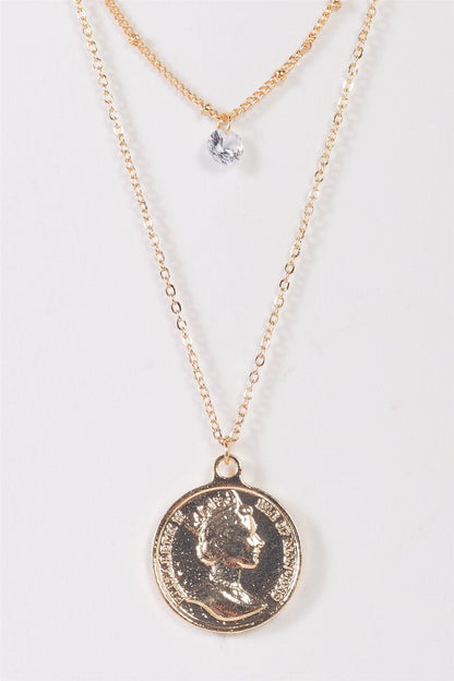 "Dos Pesos" Gold Double Chain  Coin Pendant Tiny Crystal Necklace