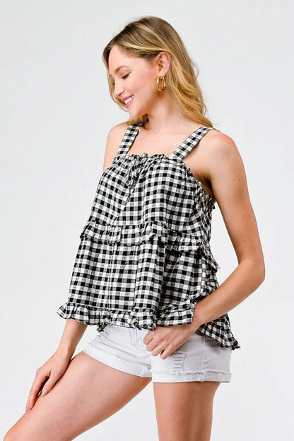Black & White Plaid Cotton Sleeveless Ruffle Flare Hem Top /2-2-2