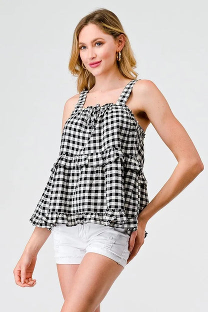 Black & White Plaid Cotton Sleeveless Ruffle Flare Hem Top /2-2-2