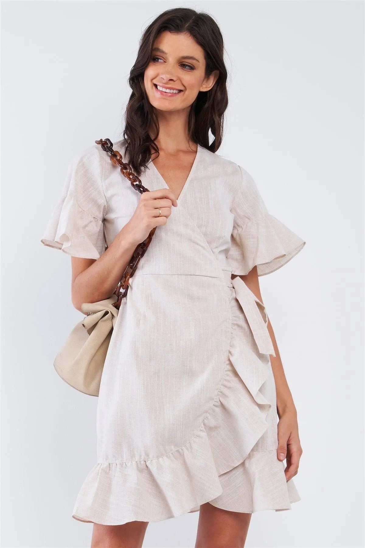 Beige Deep Plunge V-Neck Ruffle Hem Self-Tie Waist Wrap Mini Dress