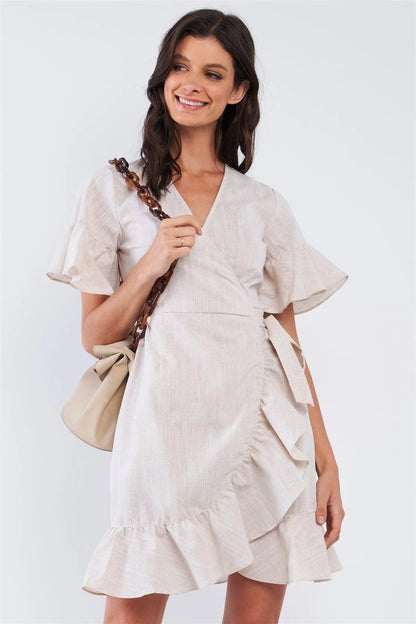 Beige Deep Plunge V-Neck Ruffle Hem Self-Tie Waist Wrap Mini Dress