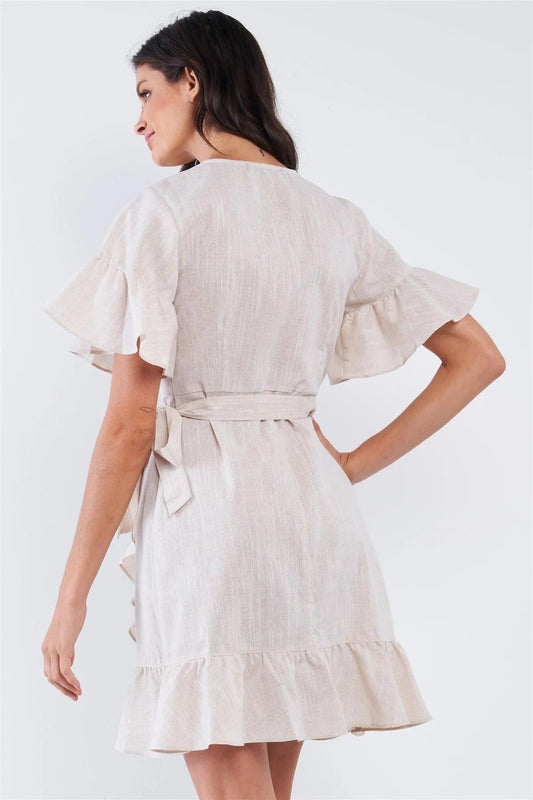 Beige Deep Plunge V-Neck Ruffle Hem Self-Tie Waist Wrap Mini Dress