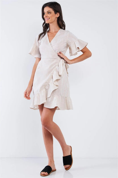 Beige Deep Plunge V-Neck Ruffle Hem Self-Tie Waist Wrap Mini Dress