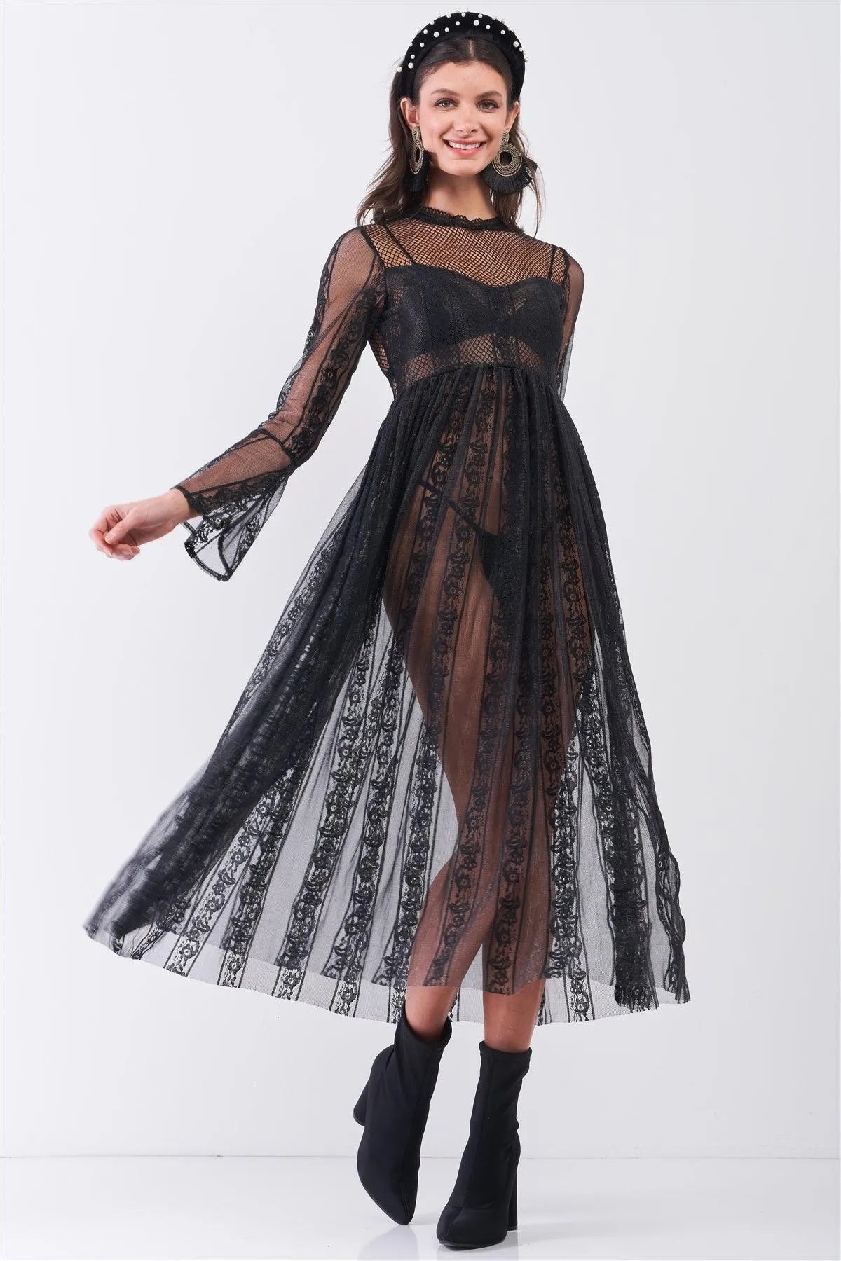 Black Boho Vintage Sheer Lace Round Neck Flare Long Sleeve Midi Dress /2-2-2