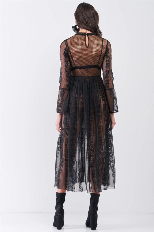 Black Boho Vintage Sheer Lace Round Neck Flare Long Sleeve Midi Dress /2-2-2