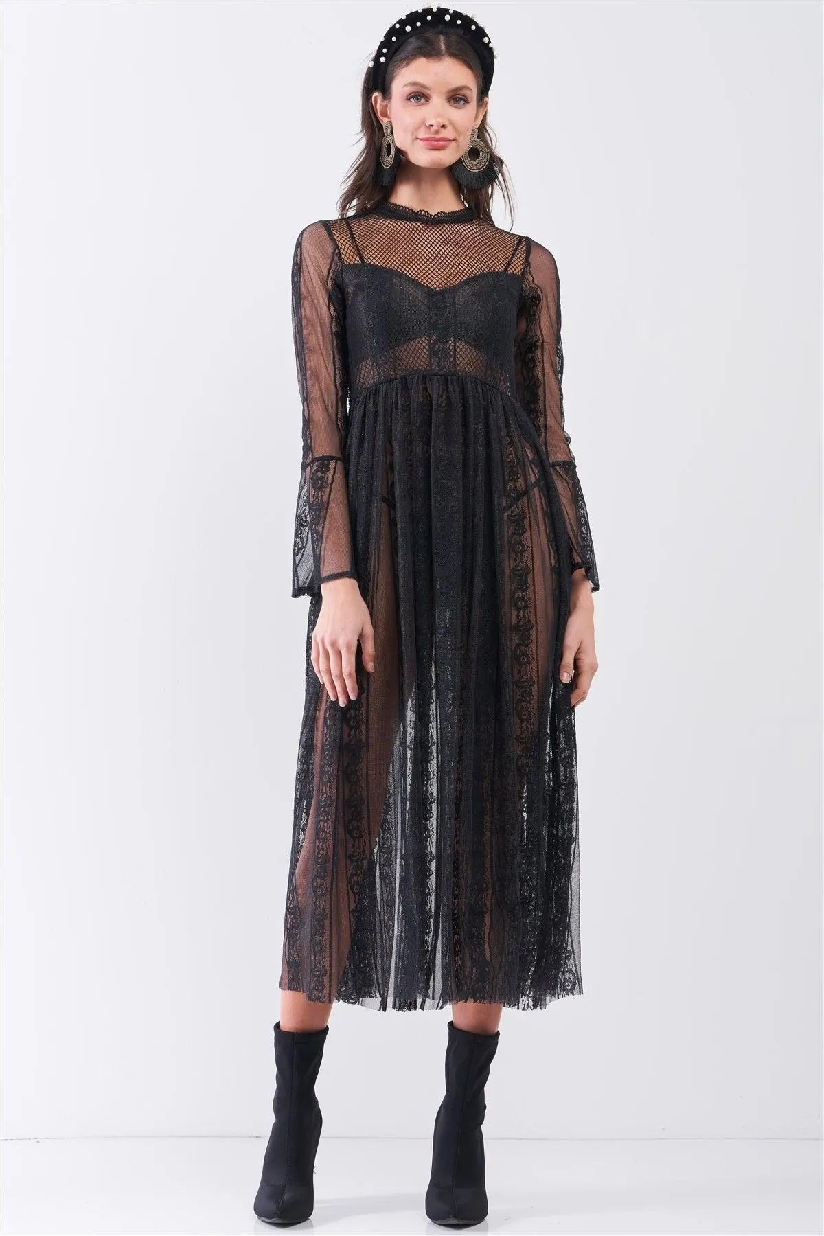 Black Boho Vintage Sheer Lace Round Neck Flare Long Sleeve Midi Dress /2-2-2
