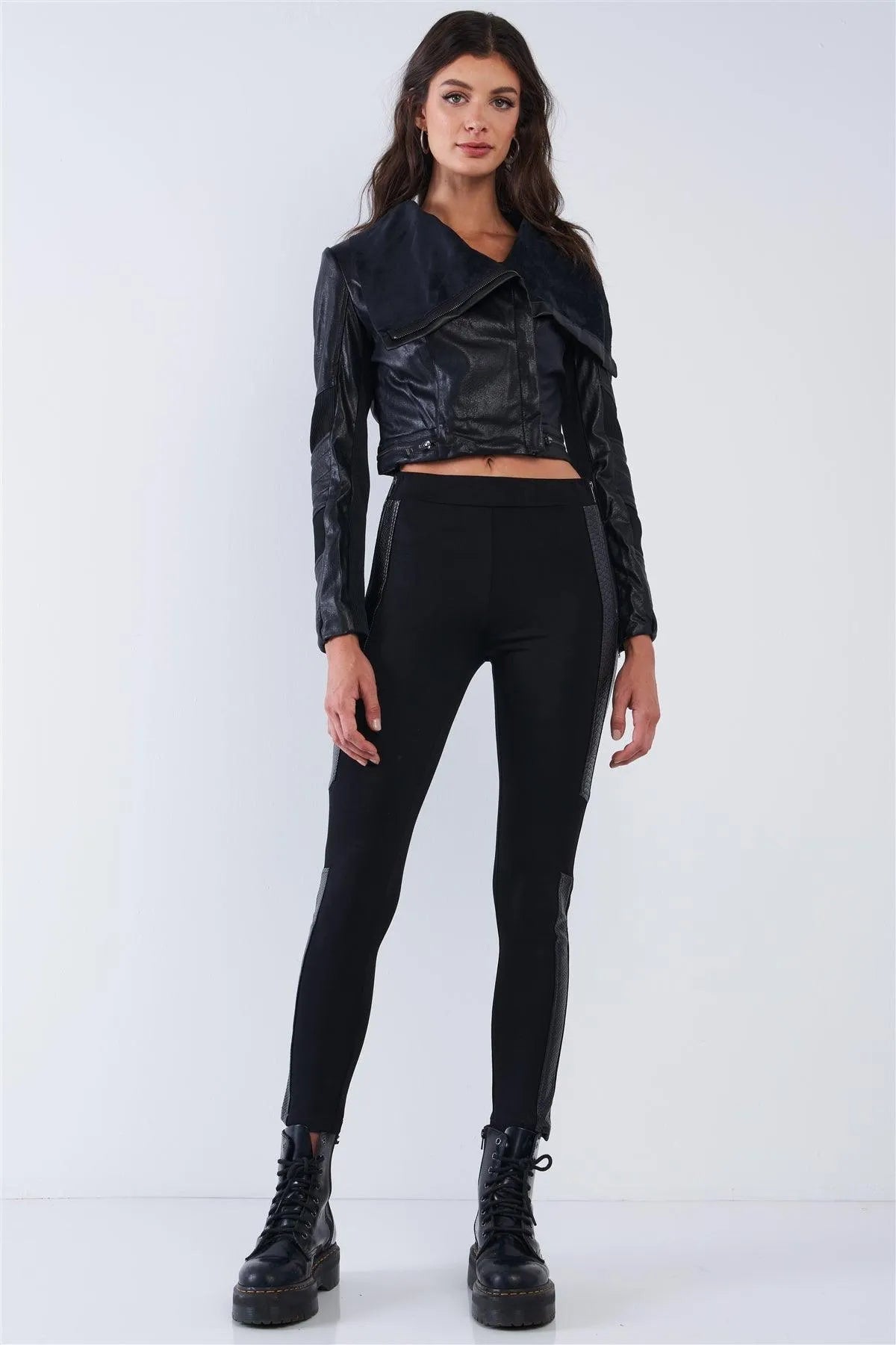 Black High Waisted Vegan Leather Python Print Trim Side Zipper Detail Tight Fit Legging Pants /2-2-2