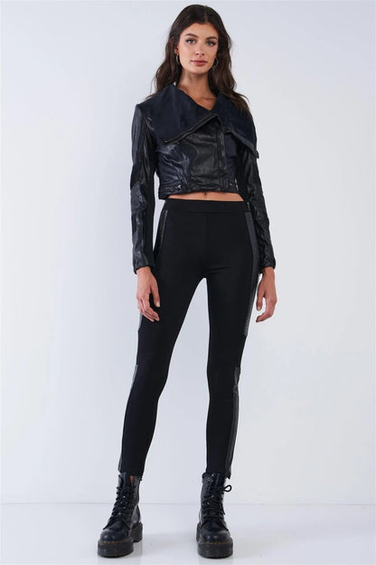 Black High Waisted Vegan Leather Python Print Trim Side Zipper Detail Tight Fit Legging Pants /2-2-2