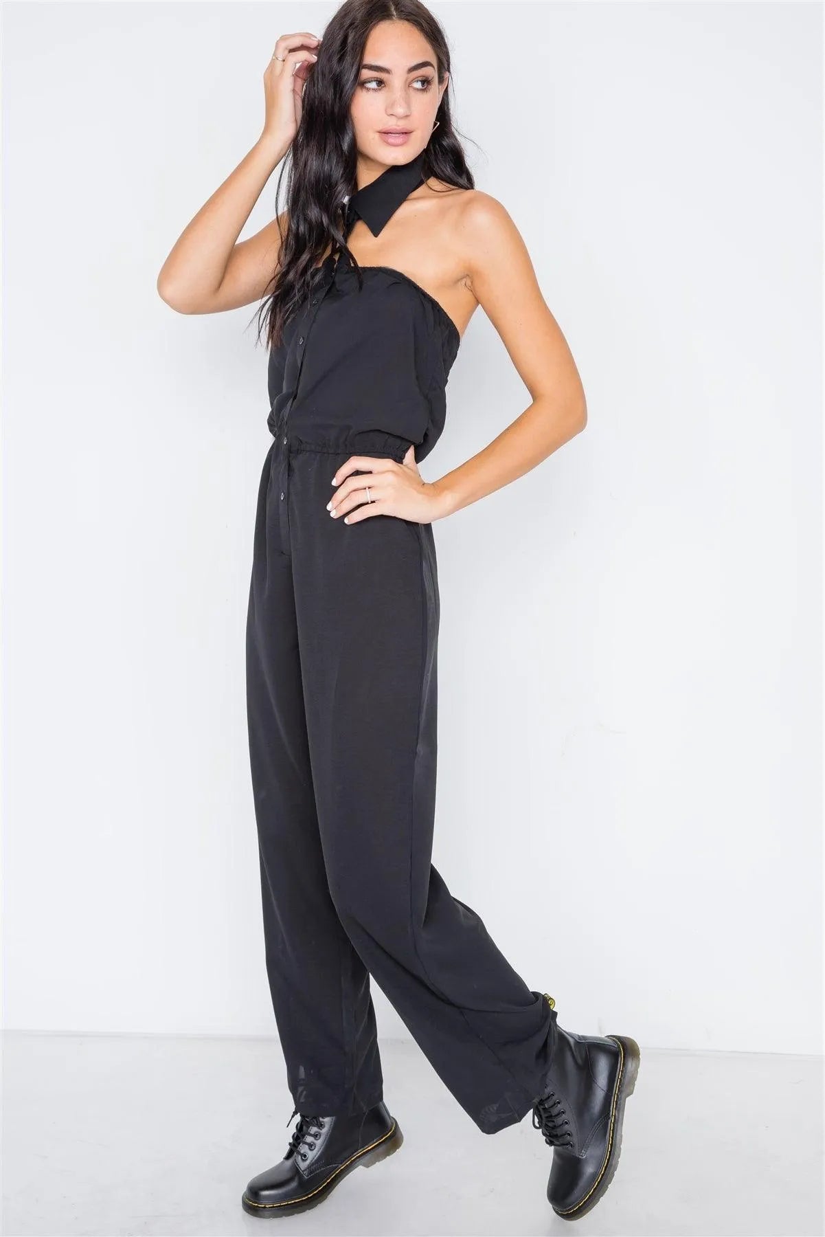 Black Basic Collar Button Down Solid Jumpsuit /2-2-2