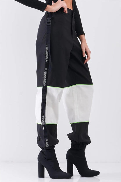 Black High Waist Print Side Trim Utility Buckle Detail Parachute Racetrack Cargo Pants /2-2-2