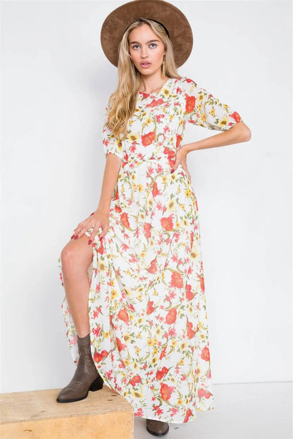 Beige Chic Semi-Sheer Floral Print Maxi Dress /1-2-2