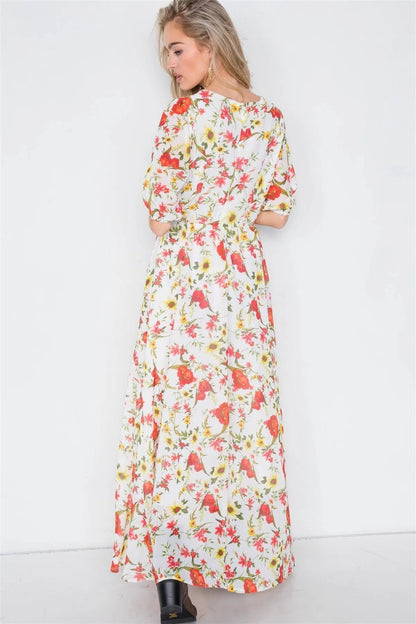 Beige Chic Semi-Sheer Floral Print Maxi Dress /1-2-2