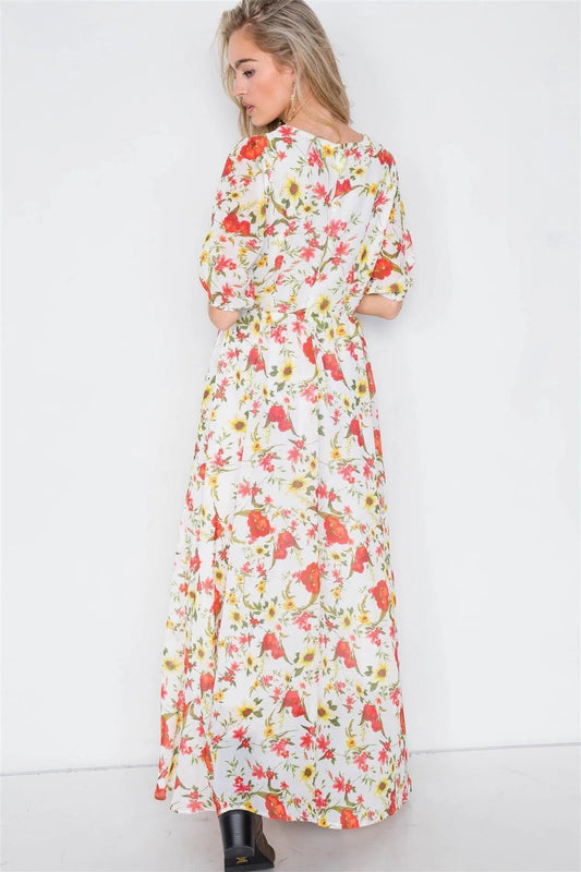 Beige Chic Semi-Sheer Floral Print Maxi Dress /1-2-2
