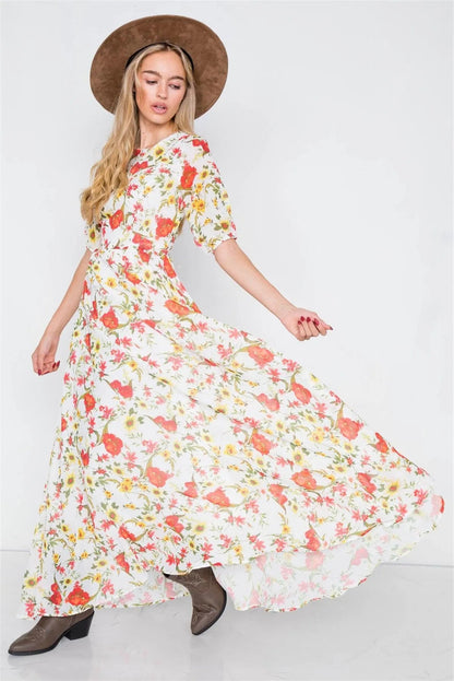 Beige Chic Semi-Sheer Floral Print Maxi Dress /1-2-2