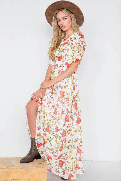 Beige Chic Semi-Sheer Floral Print Maxi Dress  /2-2-2