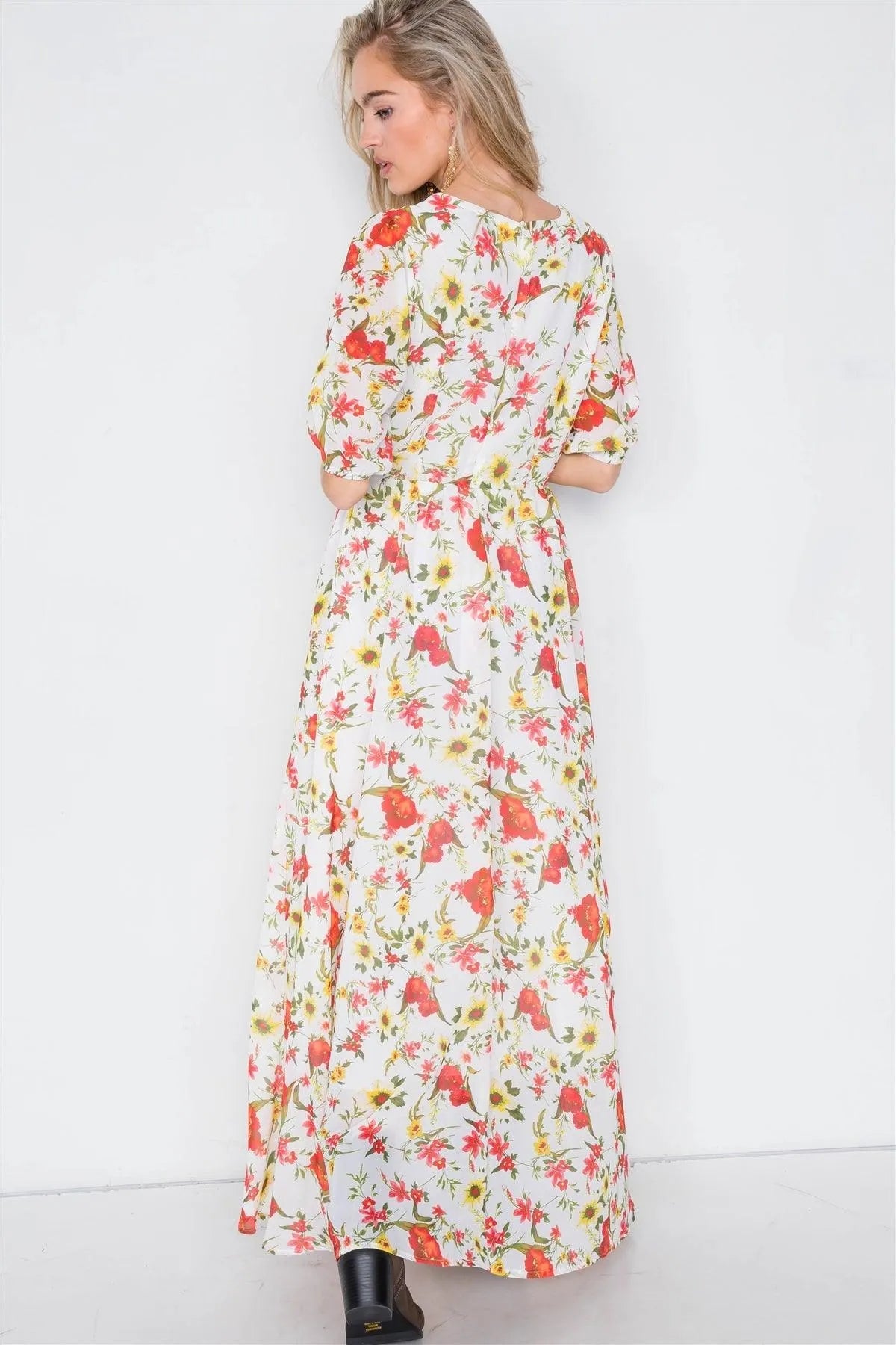 Beige Chic Semi-Sheer Floral Print Maxi Dress  /2-2-2