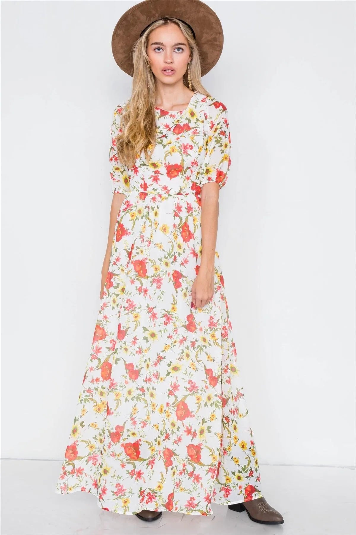 Beige Chic Semi-Sheer Floral Print Maxi Dress  /2-2-2