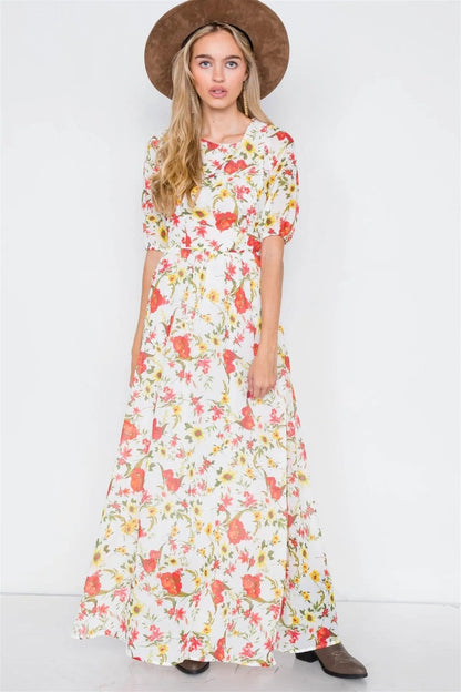 Beige Chic Semi-Sheer Floral Print Maxi Dress  /2-2-2