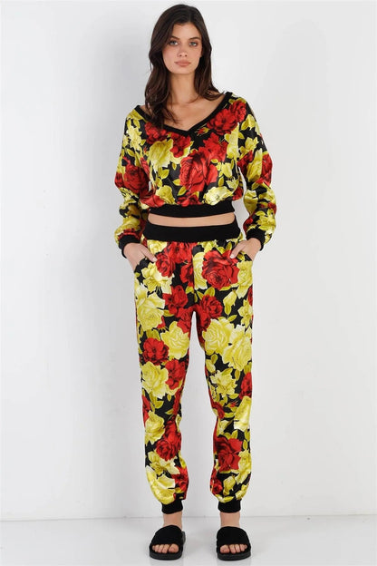 Black & Satin Effect Red & Lime Floral Print V-Neck Top & Pants Set /2-2-2