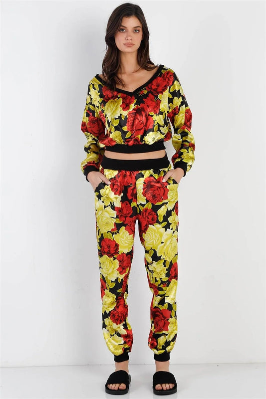 Black & Satin Effect Red & Lime Floral Print V-Neck Top & Pants Set /2-2-2