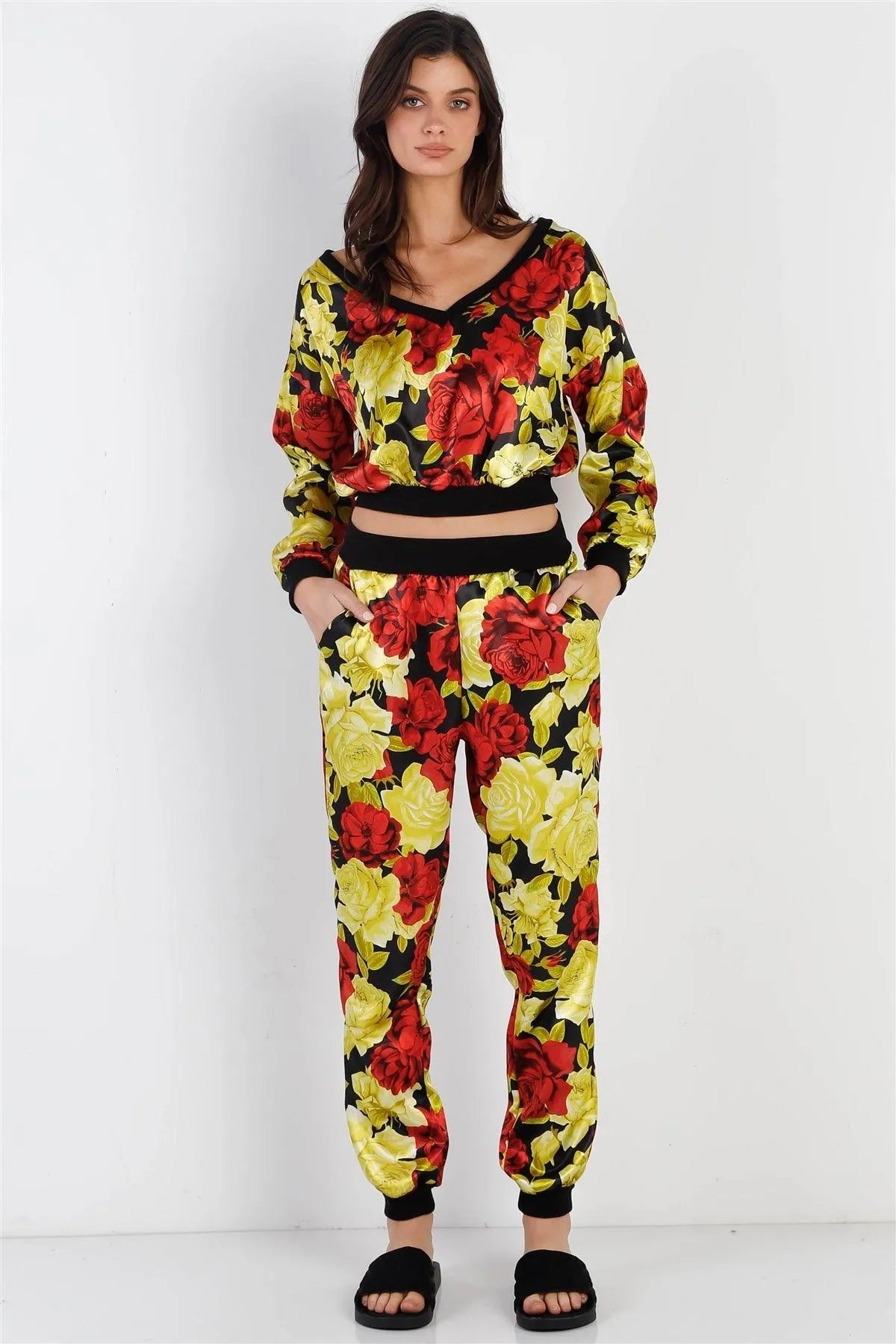 Black & Satin Effect Red & Lime Floral Print V-Neck Top & Pants Set /1-3-2