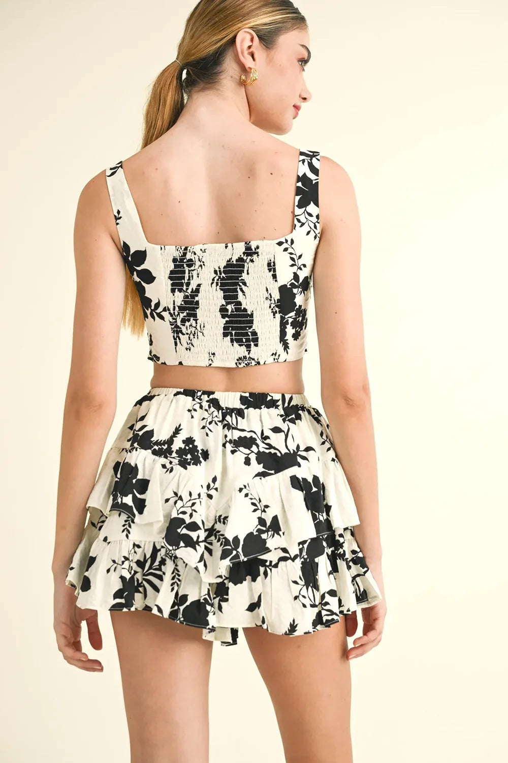 Black Floral Silhouette Print Smocked Back Square Neck Crop Top