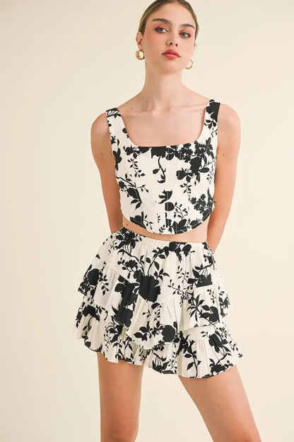 Black Floral Silhouette Print Smocked Back Square Neck Crop Top