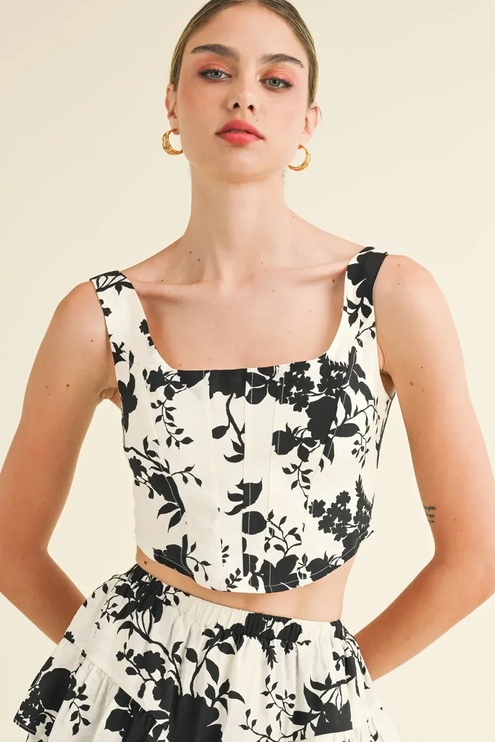 Black Floral Silhouette Print Smocked Back Square Neck Crop Top