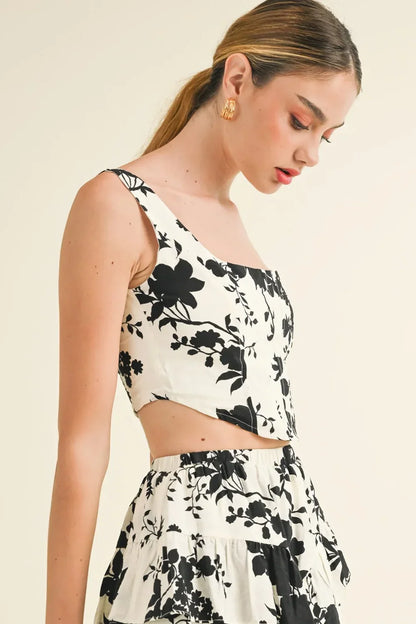 Black Floral Silhouette Print Smocked Back Square Neck Crop Top
