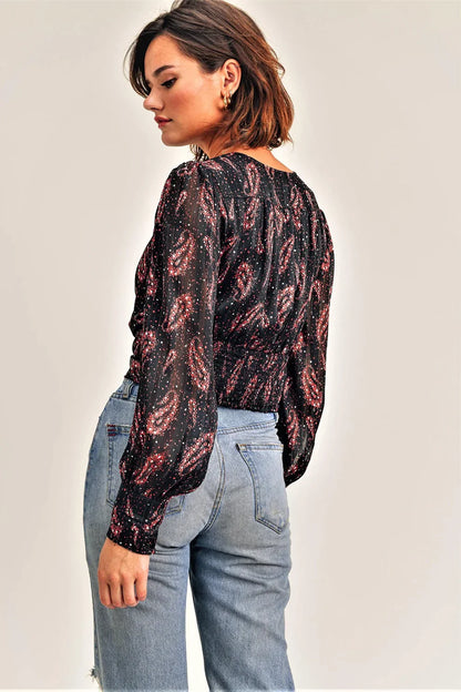 Black Abstract Paisley Sheer Lined Metallic Print Balloon Sleeve V-Neck Button-Up Blouse