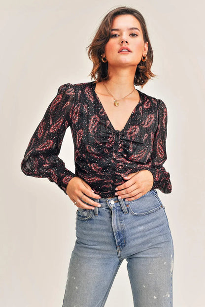 Black Abstract Paisley Sheer Lined Metallic Print Balloon Sleeve V-Neck Button-Up Blouse