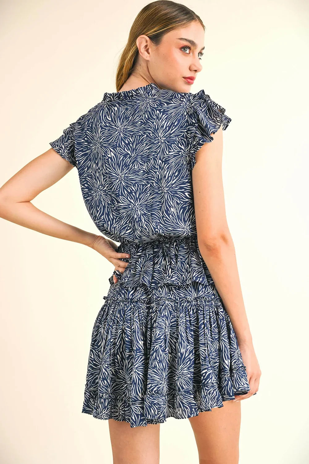 Abstract Burst Print Ruffle Tiered Mini Dress with Keyhole Neck Detail
