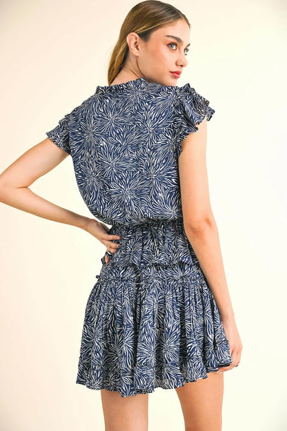 Abstract Burst Print Ruffle Tiered Mini Dress with Keyhole Neck Detail