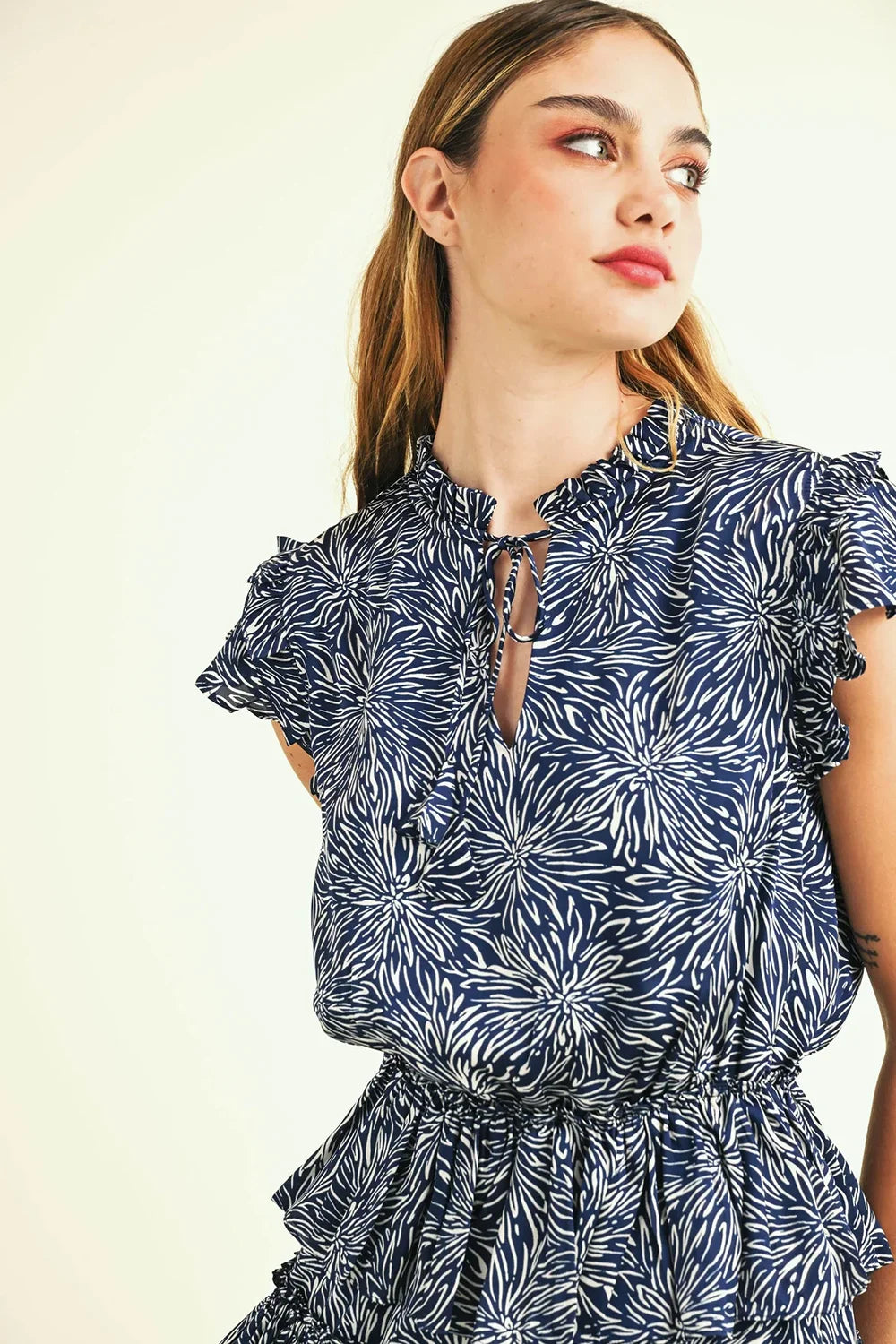 Abstract Burst Print Ruffle Tiered Mini Dress with Keyhole Neck Detail