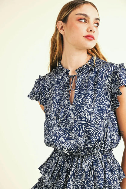 Abstract Burst Print Ruffle Tiered Mini Dress with Keyhole Neck Detail