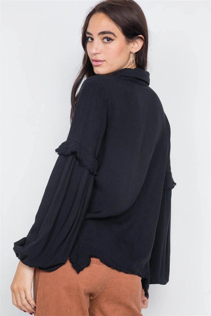 Black Front Button Raw Handkerchief Hem Button Front Top /3-2-1