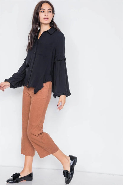 Black Front Button Raw Handkerchief Hem Button Front Top /3-2-1