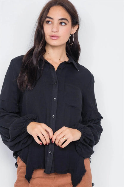 Black Front Button Raw Handkerchief Hem Button Front Top /3-2-1