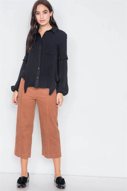 Black Front Button Raw Handkerchief Hem Button Front Top /3-2-1