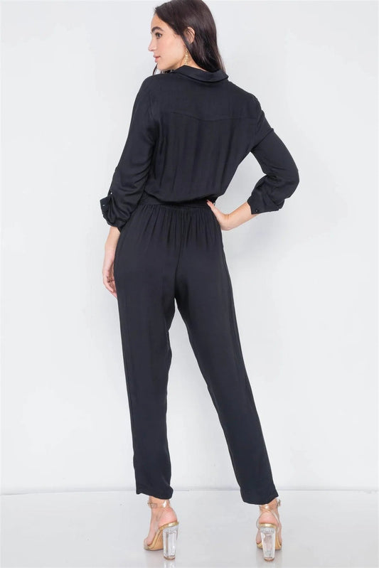 Black Button-Front Straight Leg Jumpsuit /3-2-1
