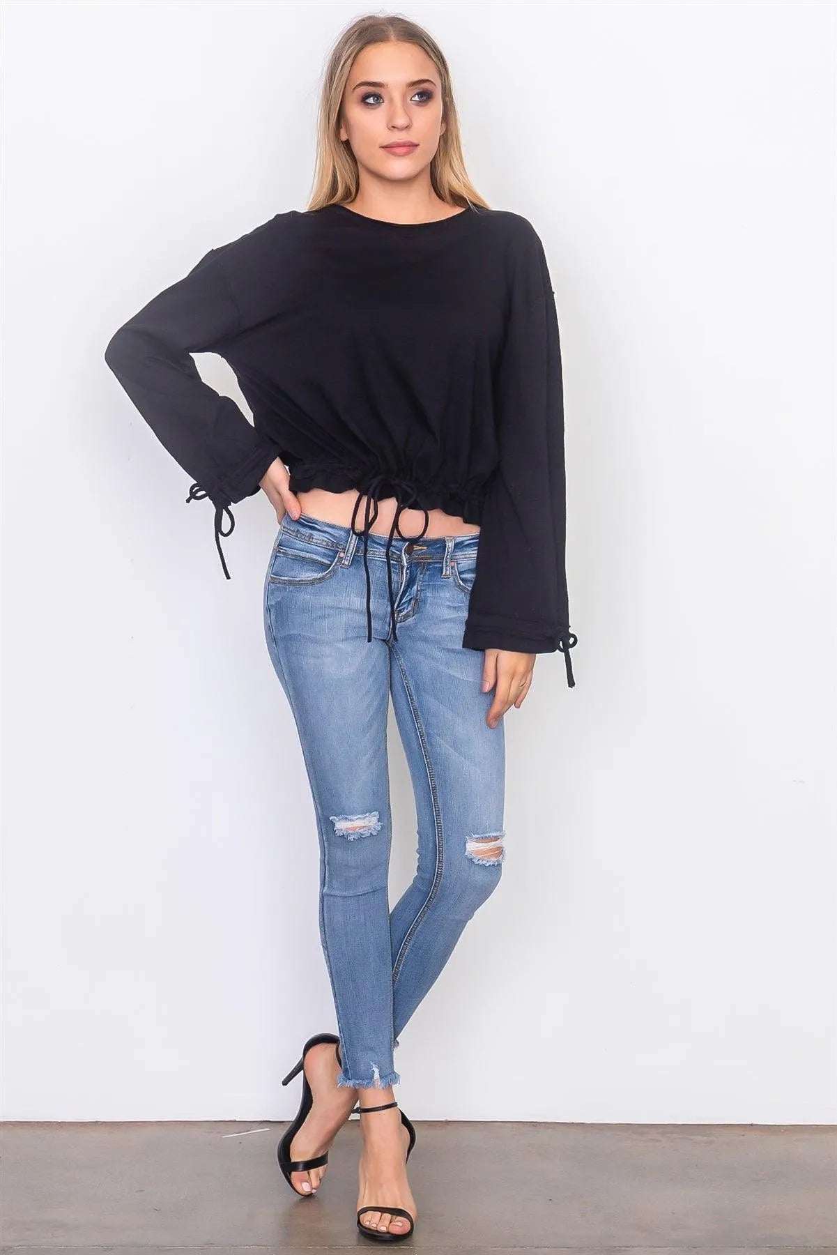 Black Drawstring Hem Jersey Top