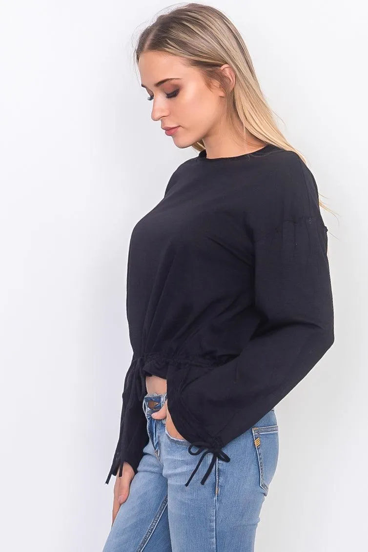 Black Drawstring Hem Jersey Top