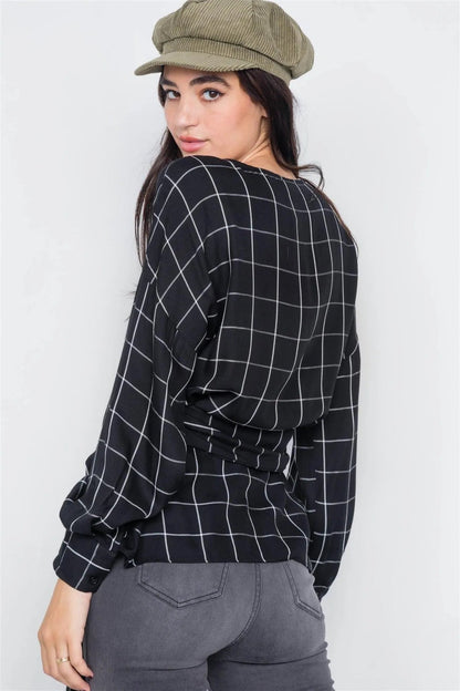 Black & White Stripe Plaid Drop-Shoulder V-Neck Top /2-2-1