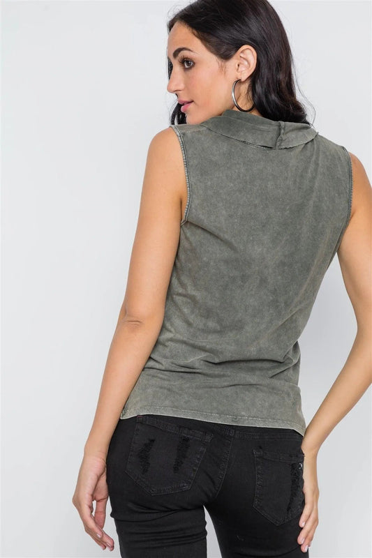 Army Olive Surplice Neck Sleeveless Top /3-2-1