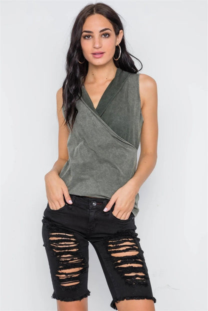 Army Olive Surplice Neck Sleeveless Top /3-2-1