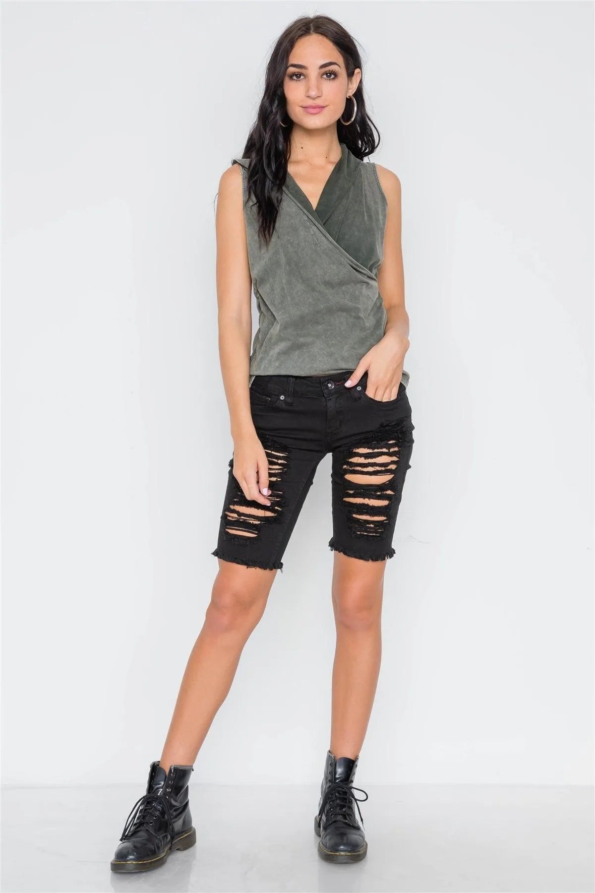 Army Olive Surplice Neck Sleeveless Top /3-2-1