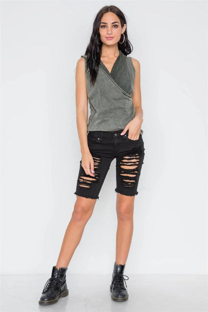 Army Olive Surplice Neck Sleeveless Top /3-2-1