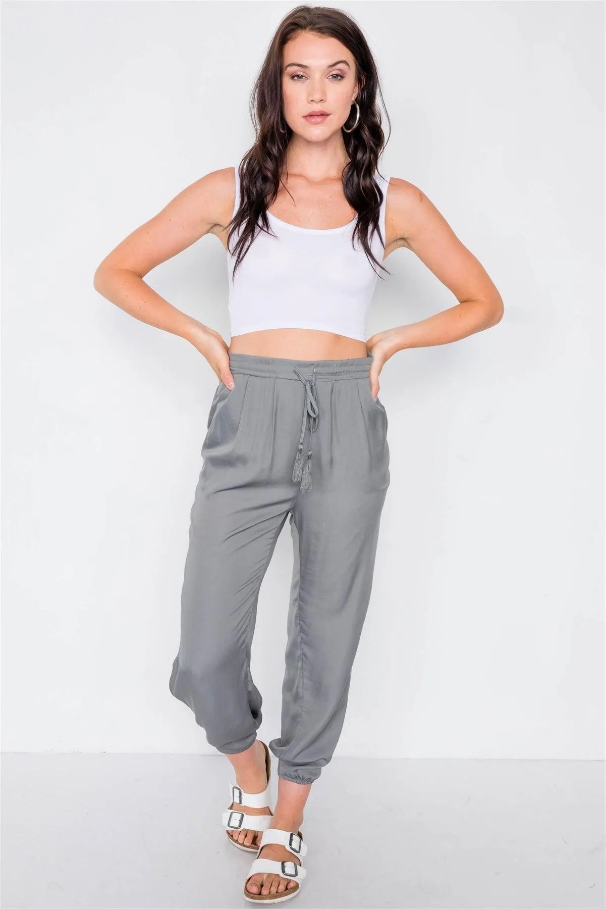 Ash Olive High Slit Satin Harem Ankle Pants /3-2-1